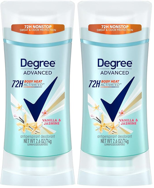 Degree Advanced Protection Antiperspirant Deodorant Vanilla & Jasmine for 72-Hour Sweat & Odor Control for Women, with Body Heat Activated Technology, 2.6 oz (Pack of 2)