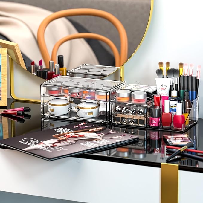 SUOXING Clear Acrylic Makeup Organizer for Vanity,Bathroom,Dresser,4 Drawer Make up Organizers for Counter,Plastic Countertop Makeup Storage for Beauty,Hair Accessory,Brush,Cosmetic,Skincare Organizer