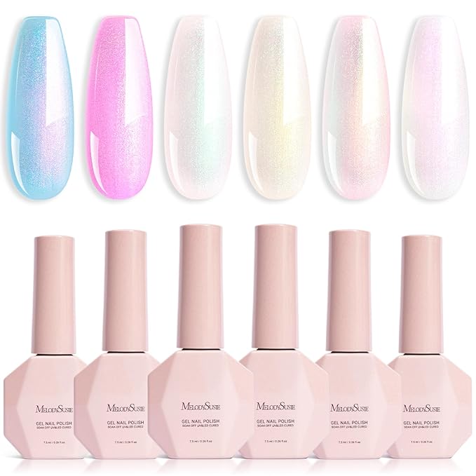 MelodySusie 7.5ML Glitter Gel Nail Polish Set, 6 Colors Aurora White Sparkle Gel Polish Kit Aurora Blue Pink Shimmer Gel Polish Gifts for Women Nail Art Manicure Salon DIY Nail Design at Home
