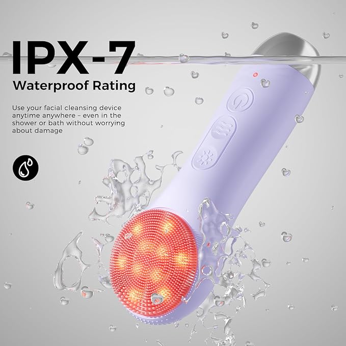 Facial Cleansing Brush Electric Face Scrubber - Rechargeable Face Cleansing Brush with 4 LED Gentle Light Silicone Heat and Vibration Exfoliator Massage Deep Cleansing,IPX7 Waterproof,Ideal Gift﻿