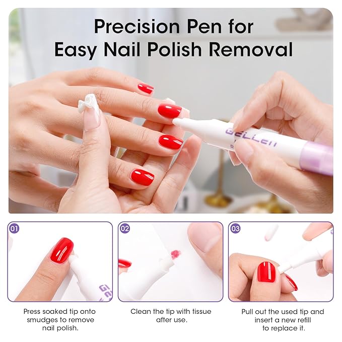 Gellen Nail Polish Remover Set Lavender Scent – Formula with Aloe & Vitamin E, Includes Precision Corrector Pen & 3 Replacement Tips, Acetone-Free & Non-Drying for Regular Nail Polishes