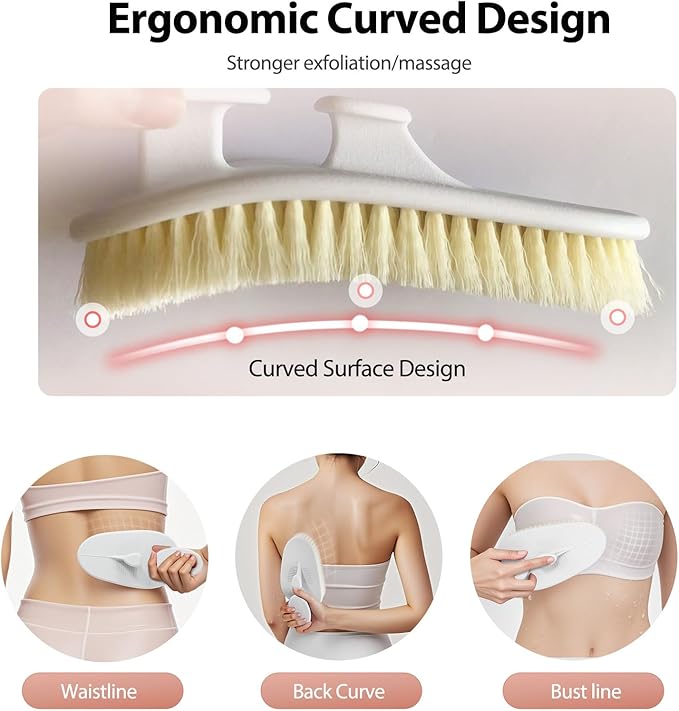 Ergonomic Large Size Back Cleansing Brush for Men & Women's Showers Extra-Large Curved Soft-Bristle Brush for Body Cleansing & Exfoliation,White