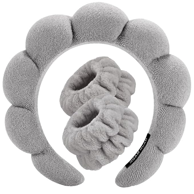 Spa Headbands for Washing Face Wristband Set Sponge Makeup Skincare Headband Wrist Towels Bubble Soft Terry Towel Cloth Hairband for Women Puffy Headwear Non Slip Thick Thin Hair Headwear (Dark gray)