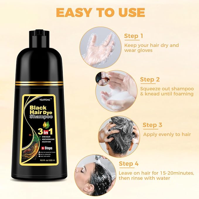 Black Hair Dye Shampoo 3 in 1 for Gray Hair Coverage, Hair Color Shampoo for Women Men, Herbal Ingredients Champu Para Pintar el Cabello (16.9 Oz)
