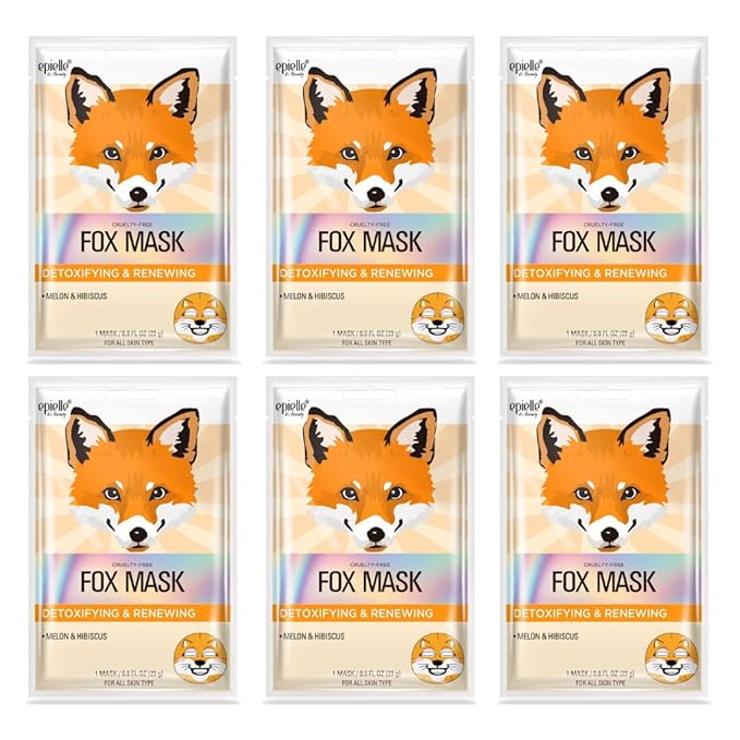 Epielle Character Face Mask Fox 6 Pack, Fun & Effective Korean Skin Care, Spa Party Favors, Stocking Stuffers, Birthday Gifts for Women, Thanksgiving Essentials