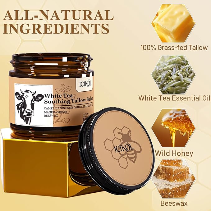 Organic Beef Tallow Honey Balm, Handmade Moisturizer Beef Tallow for Face and Body, Grass Fed Beef Tallow for Dry Skin, Pure Natural Cream with White Tea Scent, 2.1oz