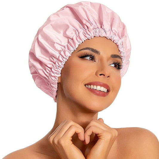Reusable Shower Cap for Women, Large Waterproof Shower Bonnet Washable Elastic Band Bath Hair Hat for Long Hair, Braids(Pink)