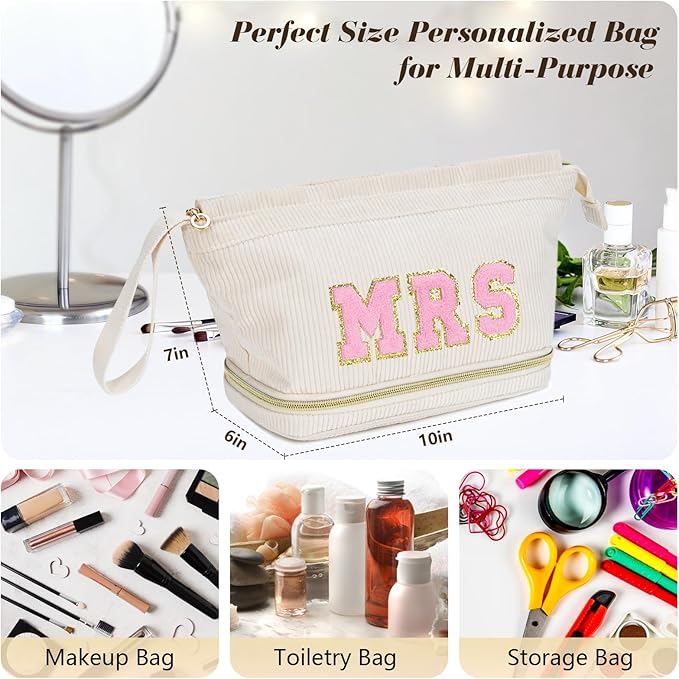 Makeup Bag for Girls Gift, Personalized Christmas Gifts Initial Women Makeup Bag for Travel, Double Layer Cosmetic Bag with Brush Organizer Preppy Make up Bag for Teen Girl Trendy - MRS