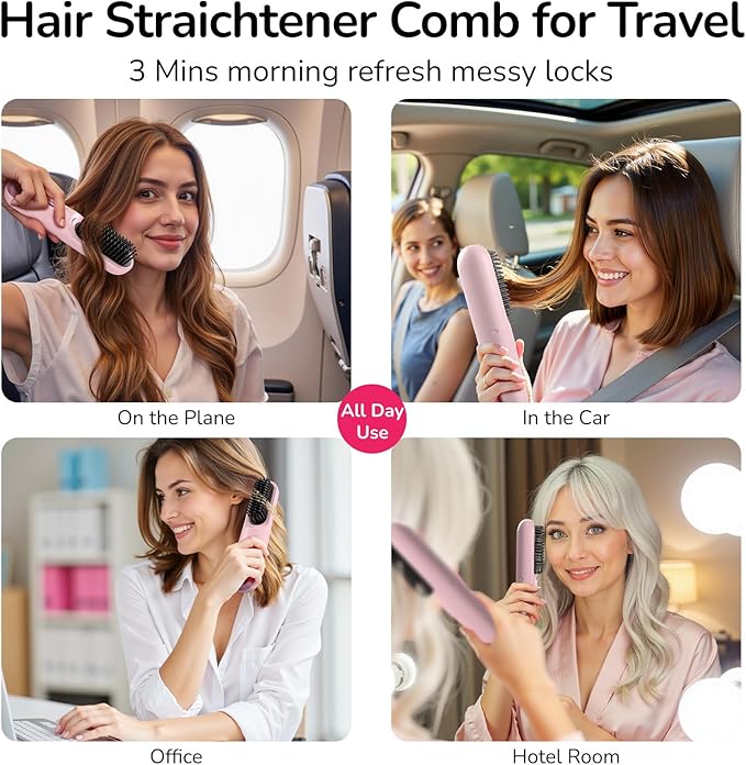 Go Brush Pro 2025 Hair Straightener Brush 300 Million Negative Ionic Portable Hair Straightener Comb for Women with 4 Temps Fast Heating MCH Ceramic Coating Smooth Frizz-Free Hair Pale Pink