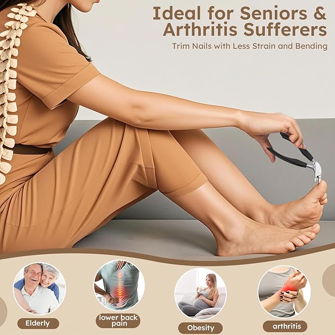 Toenail Clippers for Thick Nails for Seniors, Ingrown Nail Clippers for Men Angled Head, Toe Nail Clippers Long Handled Wide Jaw Opening with Catcher, Fingernail Clipper Sharp Curved Blade