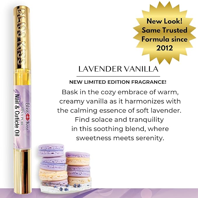 Bliss Kiss | 4 Lavender Vanilla | Oil Cuticle Pen w/Vitamin E & Jojoba⏤Nail Strengthener Nail Growth Serum for Brittle Peeling Breaking Thin Nails