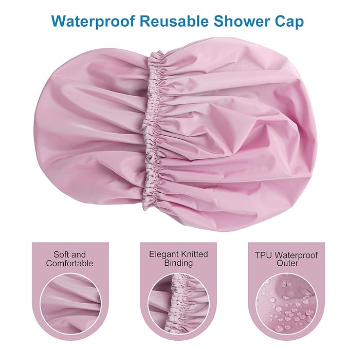 Shower Cap for Women, Double Layer Waterproof Bath Cap, Reusable Hair Protector, Large Waterproof Shower Bonnet Washable Elastic Band Bath Hair Hat for Long Hair, Braids， - Purple