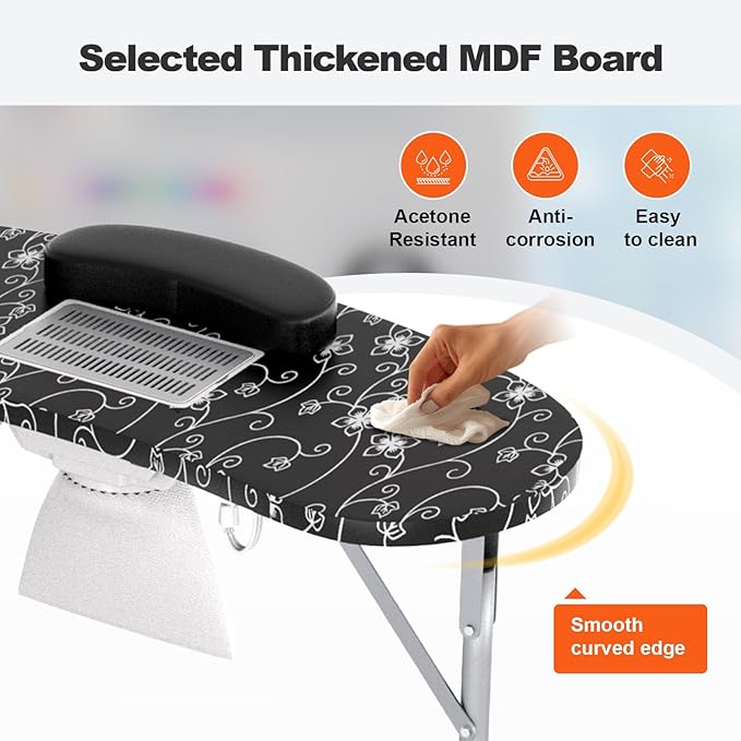 Portable Nail Table for Nail Tech on Wheels, Foldable Professional Manicure Table Travel Nail Desk with LED Lamp/Dust Collector/3 Dust Bags/Wrist Cushion/Storage Bag, Black