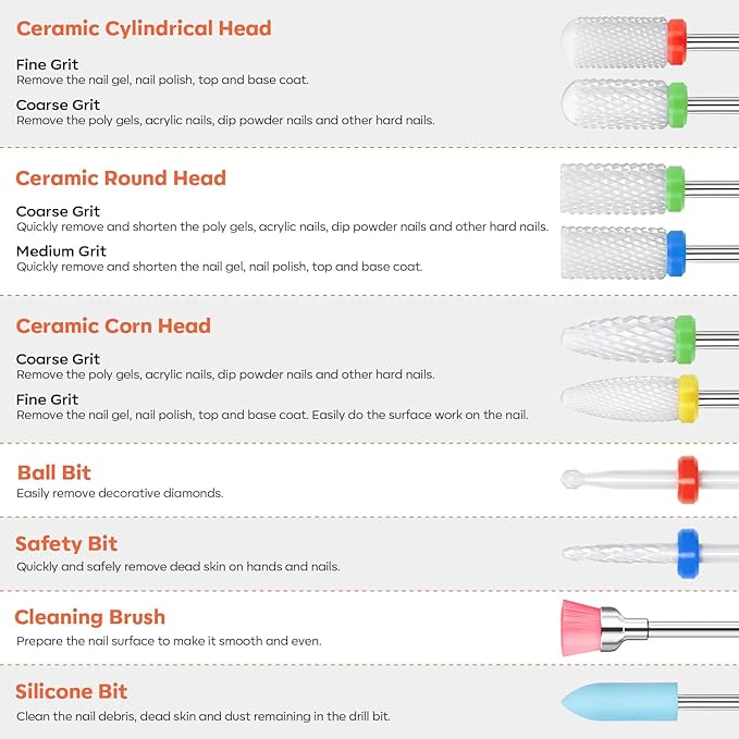 Modelones 24 Pcs Nail Drill Bit Set, 3/32” Ceramic Diamond Carbide Nail Drill Bits, Acrylic Gel Nail Bit Kit, Cuticle Remover Bits for Acrylic Gel Dip Powder Nail Manicure Pedicure