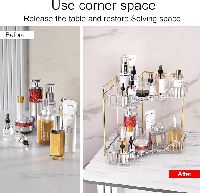 GTI 2 Tier Bathroom Counter Organizer, Multi-Function Corner Bathroom Organizer Countertop,Makeup Organizer Perfume for Dresser Vanity Tray, Spice Rack Organizer for Kitchen (Clear)