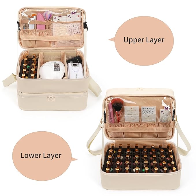 Ethereal Nail Polish Organizer Case, Leather Nail Polish Bag Holds 50+ Bottles (5ml/0.5fl.oz) and Nail Lamp, Nail Storage Organizer with Compartment, Leather White