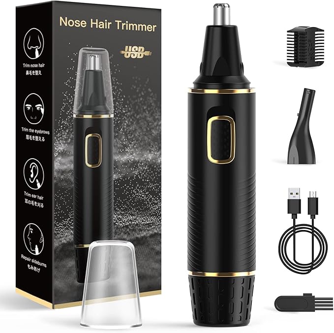 Nose Hair Trimmers for Men，Rechargeable Hair Trimmer 2 in 1 Painless Multifunctional Ear and Nose Hair Trimmer with IPX7 Waterproof Dual Edge Blades (Black)