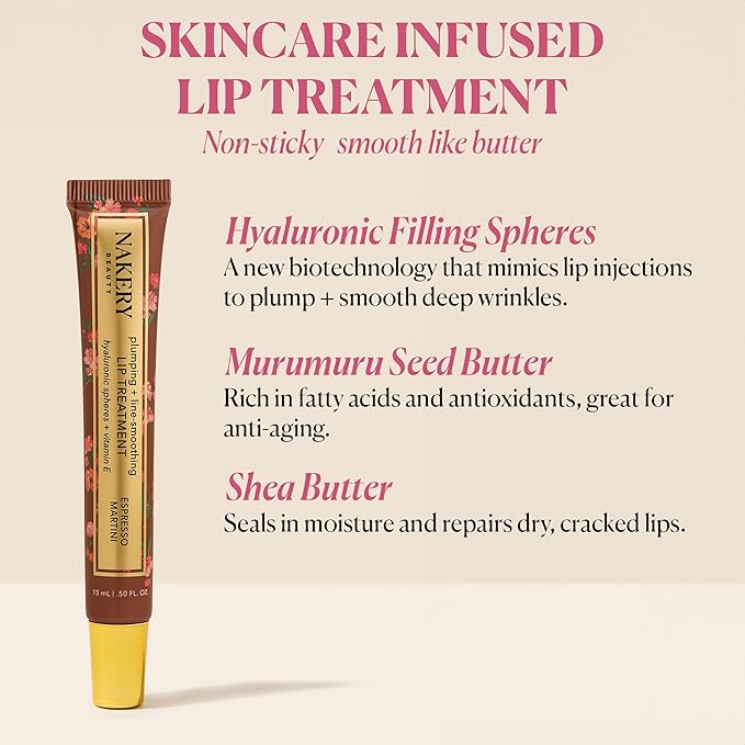 Nakery Plumping Lip Treatment for Dry Cracked Lips - Line Smoothing Lip Plumper for Women with Hyaluronic Acid Serum for Lips - Non Sticky Lip Gloss Plumper for Petal Soft Lips – Espresso Martini