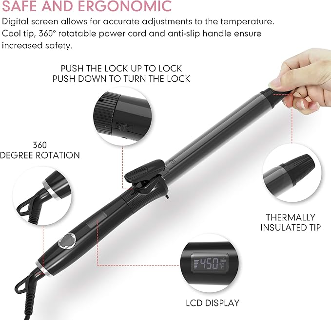 1 1/4 Inch Curling Iron with Clipped Tourmaline Ceramic Barrel Professional 1.25 Inch Hair Curler up to 450°F Dual Voltage for Traveling 60 Mins Auto Off Suit for Different (Black, 1.25 Inch)