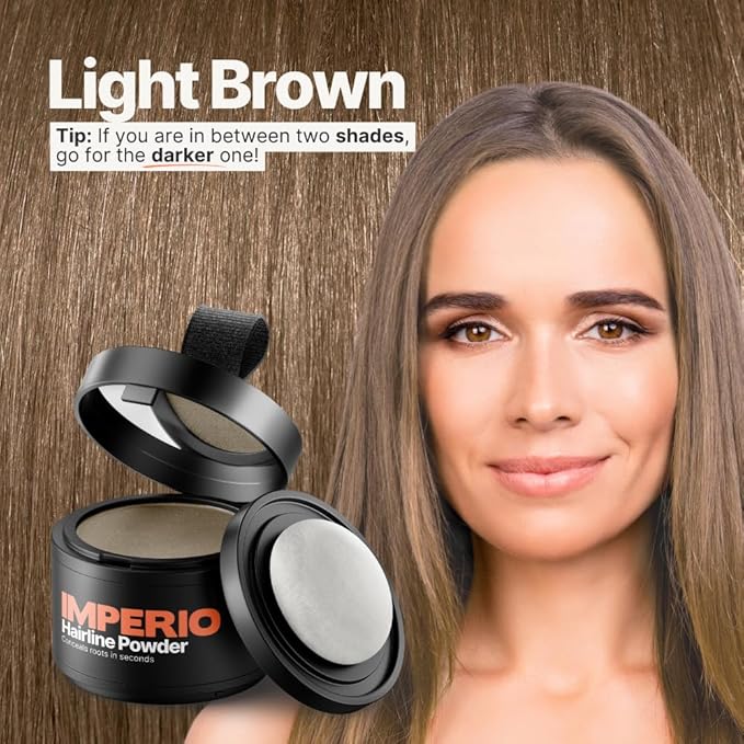 IMPERIO Root Touch Up Hair Powder for Concealing Hair Loss instantly - Hairline Powder for Women & Men - Water resistant Root Cover Up for Thinning Hair in Premium Hairdressing Quality (Light Brown)