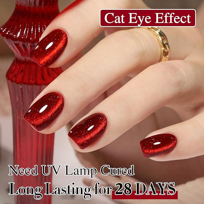 Double Rhythm 0.5 OZ Cat Eye Gel Polish with Magnet 15ML Holographic Glitter Shimmer Translucent Jelly Color Magnetic Nail Polish Salon DIY at Home (Blood Red-MC1046)