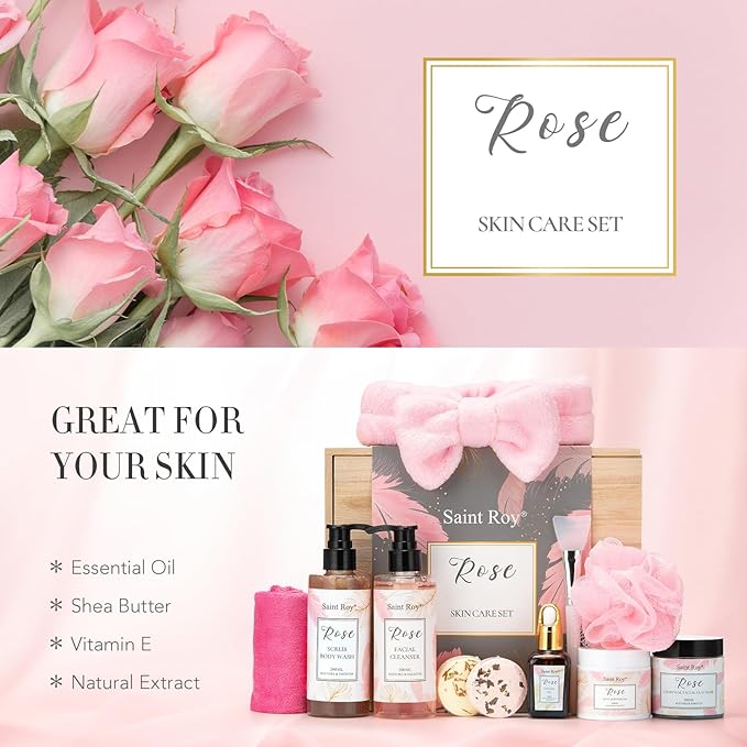 Spa Gifts for Women, Self Care Kit ROSE Scented with Facial Cleanser, Scrub Body Wash, Facial Clay Mask, Facial, Essential Oil, Birthday Gifts Skin Care Set, Mothers Day Christmas Gifts for Women