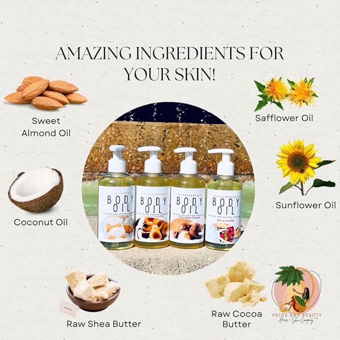 PrideandBeauty After Shower Oil. Skin Hydrating Oil. Body Oil Scented. Body Oils For Women Dry Skin. (Vanilla Buttercream) (8 OUNCES, Chocolate Bark)