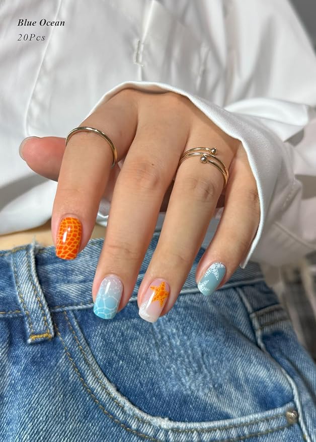 Semi Cured Gel Nail Strips (Blue Ocean), Starfish, Summer, 20 Pcs Gel Nail Wraps, Stickers, UV Light Required, Salon Quality