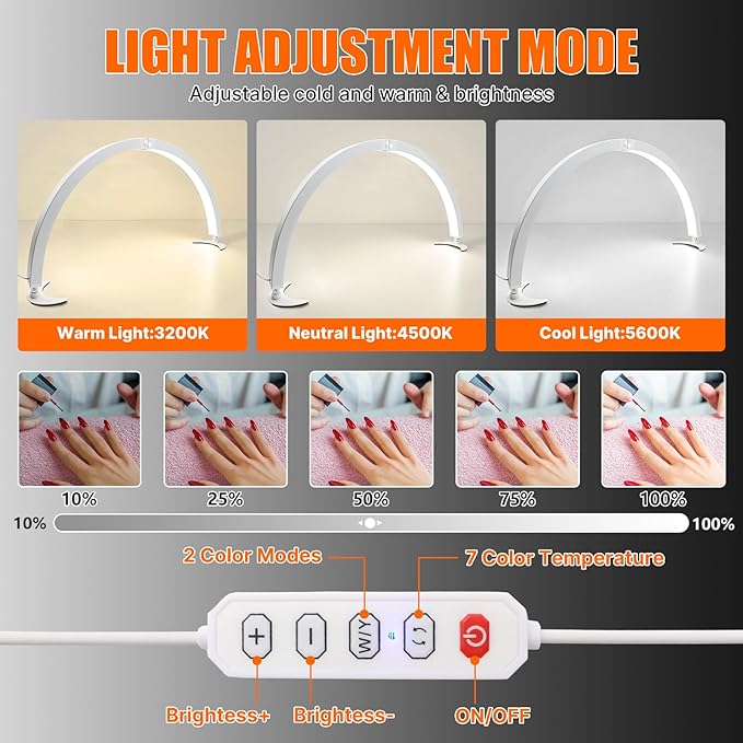 iMeshbean 29in Large Foldable Half Moon Light for Nail Desk with Phone Stand, 7 Color Temperature (3200K-5600K) & 10 Adjustable Brightness, 40W Nail Desk Lamp, Salon, Eyelash, Makeup, Tattoo