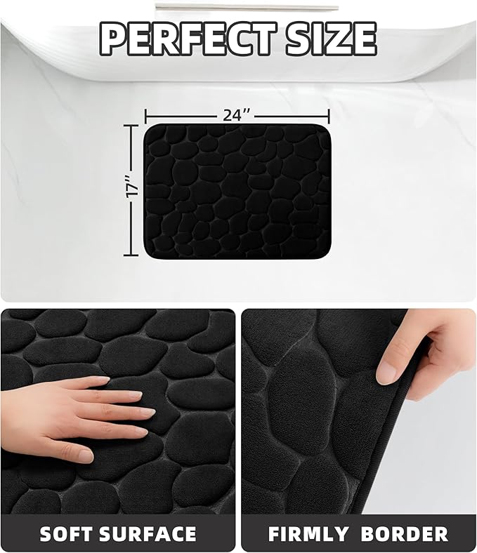 YIHOUSE Bathroom Mat Rug, Memory Foam Bath Mat, Non-Slip Bathroom Floor Mats, Cobblestone Bath Mats Absorbent Bath Rugs Washable Quick Dry (17x24,Black)