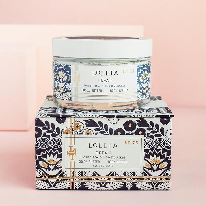 LOLLIA Dream Body Butter, 5.5 oz, White Tea & Honeysuckle Scented Balm for Women, Moisturizing Thick Shea & Cocoa Butter Lotion, Luxury Hydrating Skin Cream for Self Care