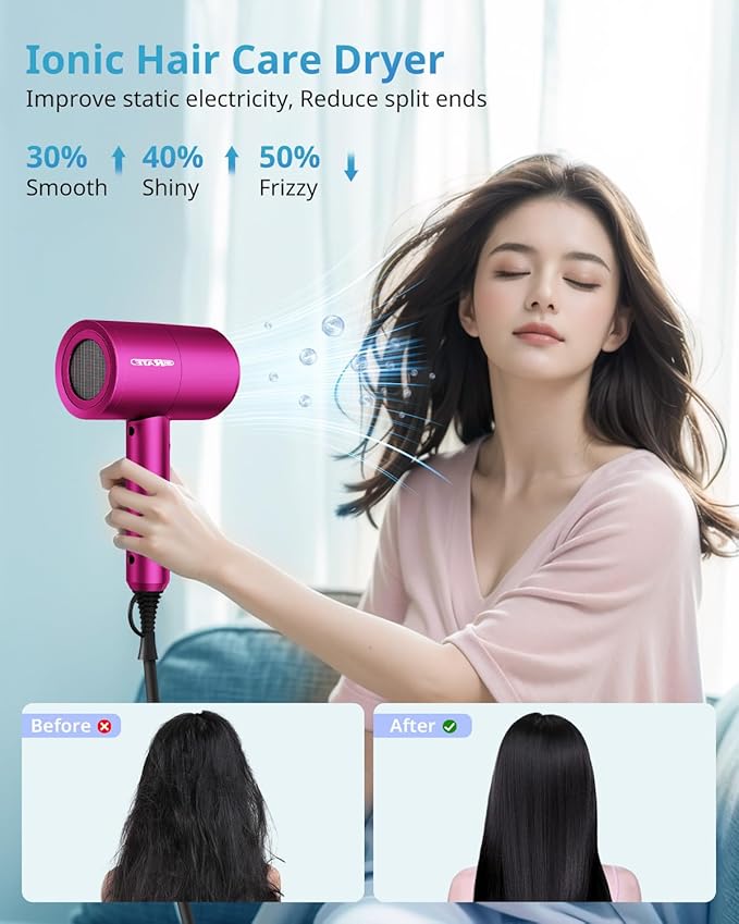 SHRATE Lightweight Ionic Hair Dryer with Diffuser - Powerful 1800W Blow Dryer for Fast Drying - Professional Low Noise Mini Hair Dryer for Travel, Gifts, Hair Styling