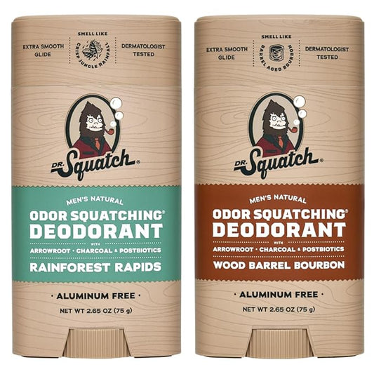 Dr. Squatch Natural Deodorant for Men - Odor-Squatching Aluminum Free - Rainforest Rapids & Wood Barrel Bourbon (2.65 oz, 2-Pack)