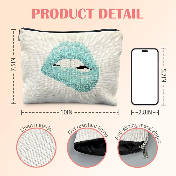 Trendy Teal Makeup Bag for Women, Turquoise Glitter Lip Bite Modern Aesthetic Cosmetic Bag for Purse, Preppy Girly Makeup Zipper Pouch