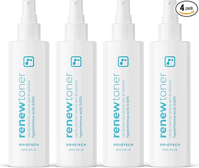 BRIOTECH Renew Toner, Hypochlorous Acid Spray, Minimize Appearance of Blemishes, Soothing Facial Mist for Sensitive Skin, Calm Redness & Bumps, Vegan, 4 fl oz (4 Pack)