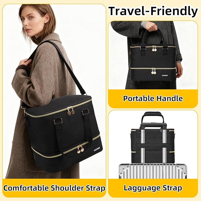 Nail Polish Organizer Hold 80 Bottles (15ml/0.5 fl.oz)& Nail Lamp, Double Layer Nail Bag Organizer Case with Handle, Large Nail Supplies& Kit Storage Case for Women Travel (Black& Golden)