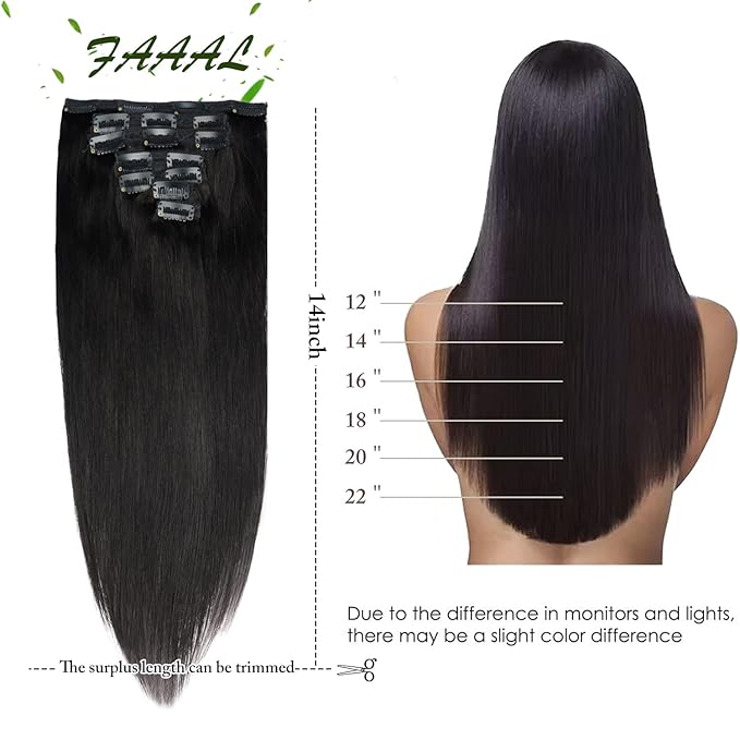 14" Clip in Human Hair Extensions Full Head 110g 7 Pieces 16 Clips Natural Black Double Weft Brazilian Real Remy Hair Extensions Thick Straight Silky (14",110g 1B#)