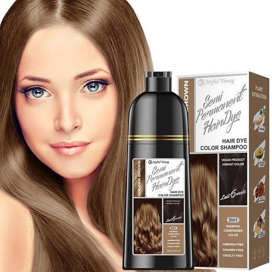 Natural Color Hair Dye Shampoo 3 IN 1, Instant Hair Coloring, Gray Coverage for Men & Women, Beard Dye Vegan Ammonia Free & Paraben-Free, Champú Para Canas Mujer & Hombre (GOLDEN BROWN)