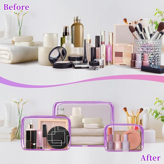 TISRATOK 12 PCS Clear Makeup Bag for Women with Zipper, TSA Approved Toiletry Pouch, Cosmetic Bag Bulk for Travel Organizer Essentials - Purple, Large