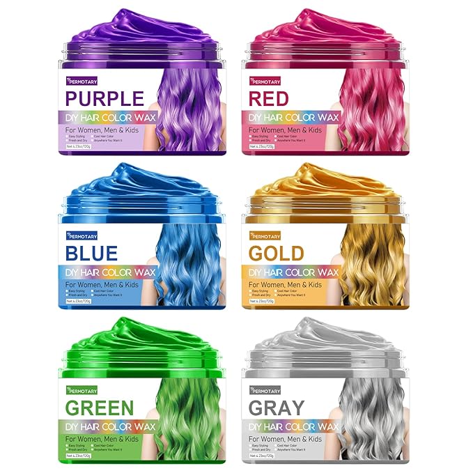 Permotary 6 Colors Temporary Hair Color Wax Styling Cream Mud, Temporary Hair Dye Wax Great for Party, Cosplay, Halloween,Fancy Dress, In Total Capcity 25.38 OZ (6 Colors)
