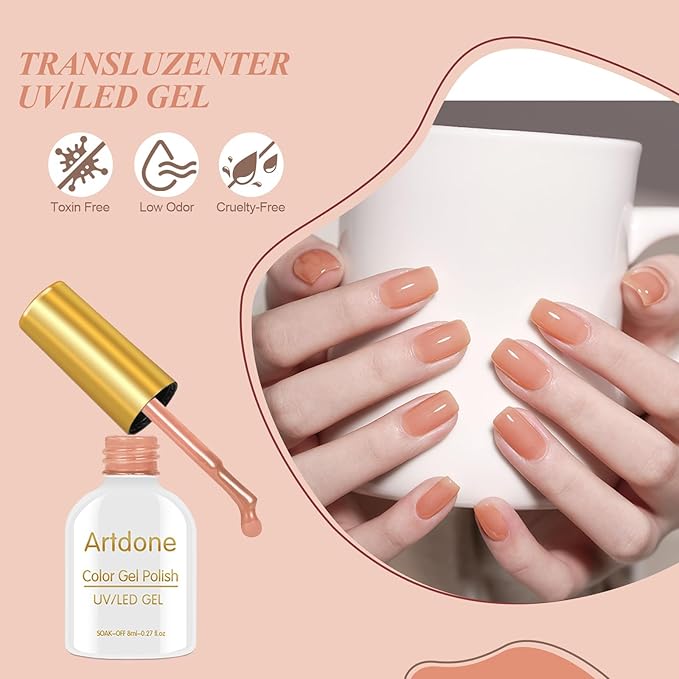 Artdone Sheer Gel Nail Polish Set - 6 Colors Translucent Pink Nude Brown UV Jelly Polish for All Seasons - Neutral Soak off LED Lamp Manicure Kit for Nail Art