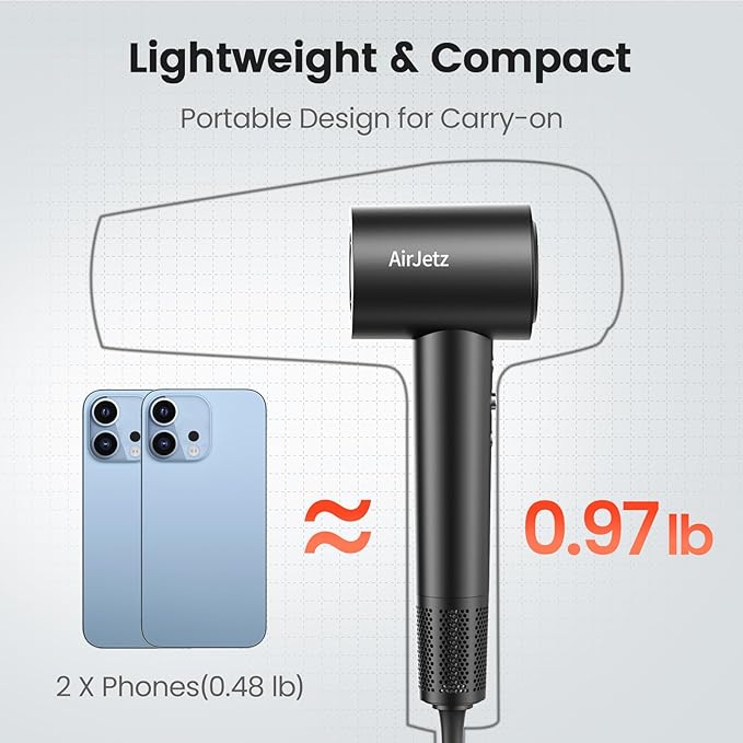 Hair Dryer, 160,000 RPM High-Speed Ionic Blow Dryer for Fast Drying, Professional Lightweight Hairdryer with Diffuser, Magnetic Nozzle, 4 Temps & 2 Speeds, Low Noise for Travel - Black