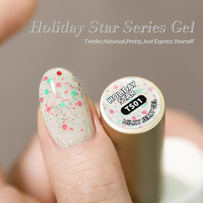 Born Pretty Christmas Jelly Glitter Gel Nail Polish Kit,Milky White Shimmer Reflective Color,Soak Off LED U V Nail Art Gel for Salon-Quality Manicure at Home