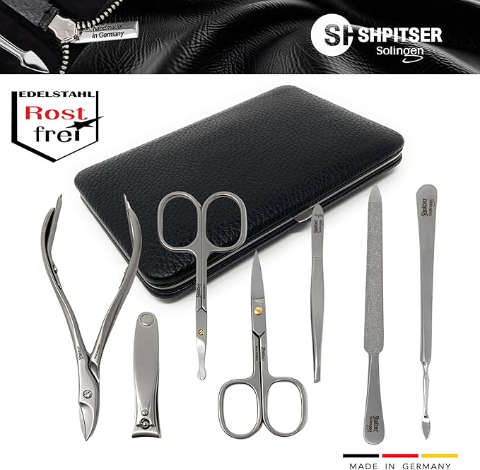 SHPITSER Professional 7pc TopInox Surgical Stainless Steel Tools Manicure Pedicure Set in Genuine Durable Leather Case Handmade in Solingen Germany for Nail and Cuticle and Nose Care