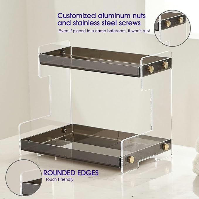 NEWRAIN 2-Tier Bathroom Organizer Countertop for Cosmetics, Makeup, Vanity Holder for Lipstick, Black Cabinet Storage