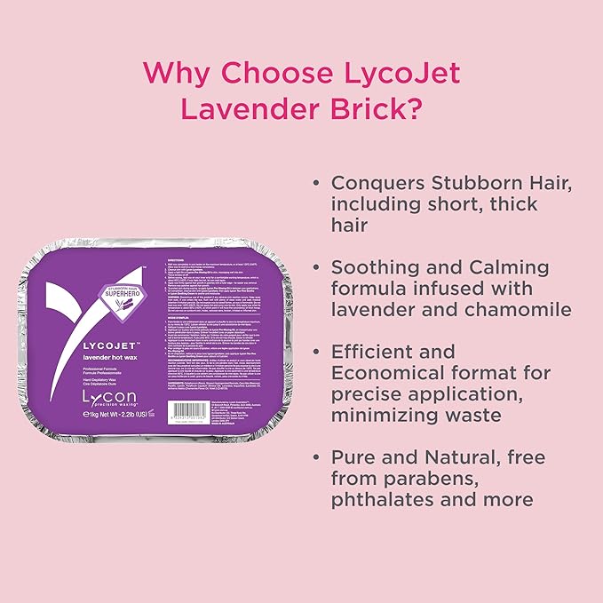 Lycon LycoJet Lavender Hard Wax Bricks for Hair Removal, Effortlessly Removes Stubborn Hair with Professional-Grade Soothing Formula, Suitable for Sensitive Skin, 1kg/ 35.3 oz