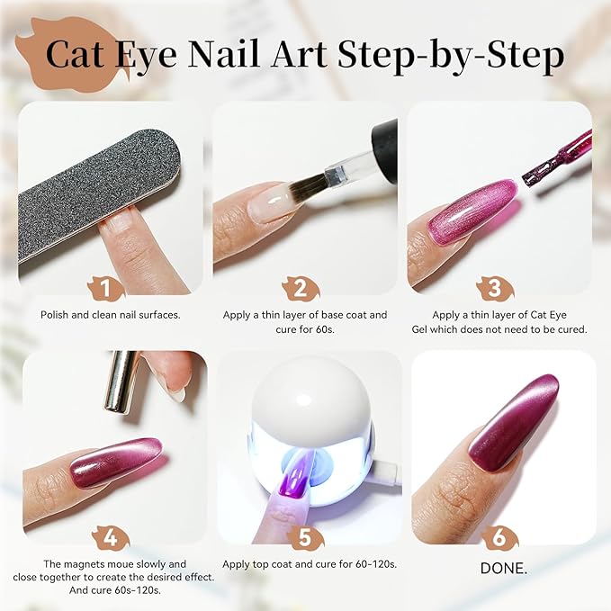 JODSONE Cat Eye Gel Nail Polish Set Pink Rose Red Sliver Collection 10 Colors Holographic Sparkle Cat Eye with Base Coat Top Coat Magnet DIY Nail Art Gift