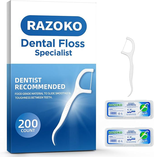 RAZOKO Dental Floss Picks High Toughness Toothpicks Sticks 200pcs with 2 Portable Cases Perfect for Family,Hotel,Travel