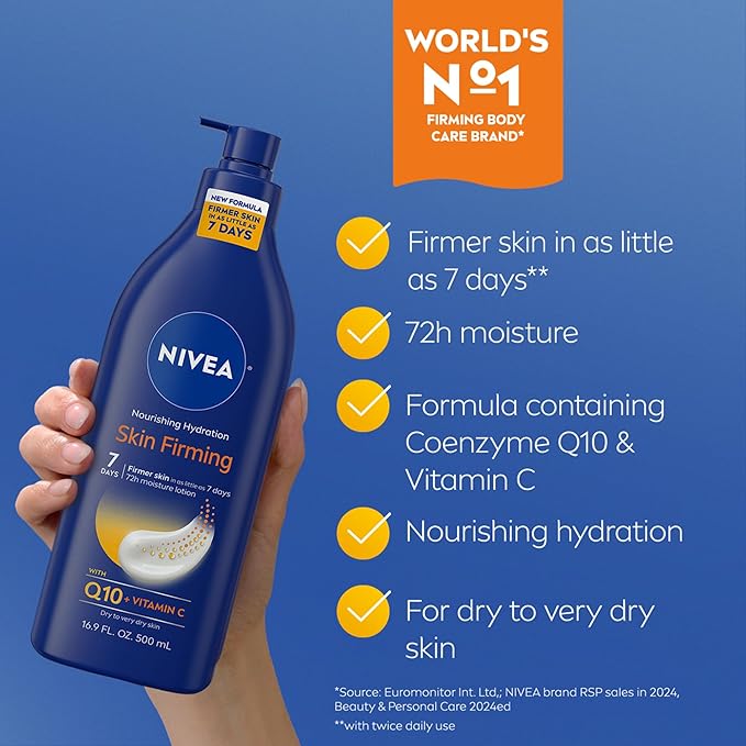 NIVEA Nourishing Hydration Skin Firming Body Lotion with Q10 and Vitamin C, 72-Hour Body Moisturizer for Dry to Very Dry Skin, 16.9 Fl Oz Pump Bottle