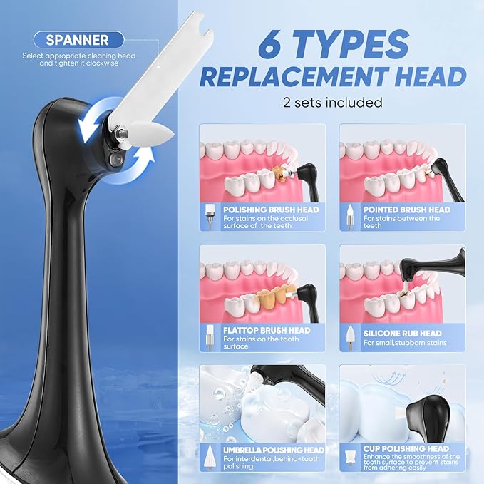 Saker Tooth Polisher, 2 Set Replacement Polishing Brush Heads(12pcs) Included, Rechargeable Tooth Polishing Kit, Dental Teeth Polisher with LED Light, 5 Speed Modes, Waterproof